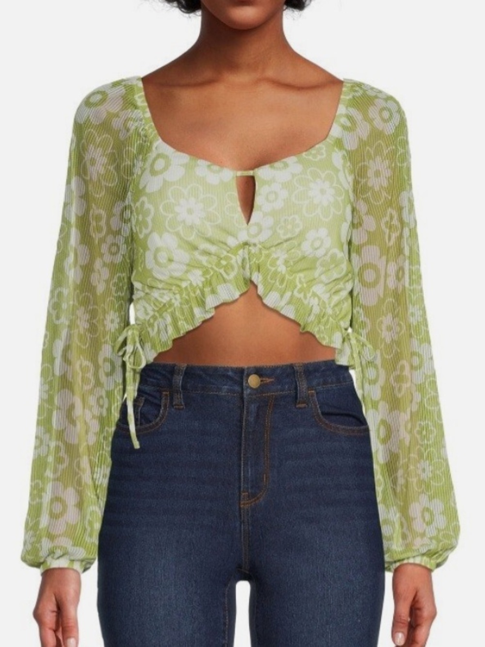 MADDEN NYC Lime Green Floral Retro Y2K Keyhole Crop Top Size M